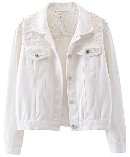 Kedera Damen-Jeansjacke, übergroß, bestickt, Perlen, Jeansmantel, C-weiß, XL von Kedera