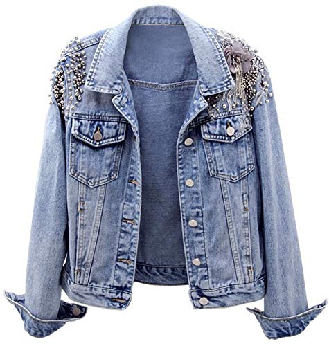 Kedera Damen Jeansjacke Langarm Westernnieten Nieten gewaschene Perlen Kurz Jeansmantel, Blau, S von Kedera