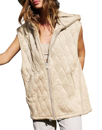 Kedera Damen Übergroße Pufferwesten ärmellose Herbstjacke Kapuzenweste 2024 Lässige warme Wintermäntel trendige Oberbekleidung, Beige, X-Large von Kedera