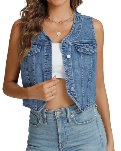 Kedera Damen V-Ausschnitt Denim Weste Asymmetrischer Saum Ärmellos Knopfleiste Jeans Weste Crop Tops mit Taschen, Dunkelblau, X-Groß von Kedera