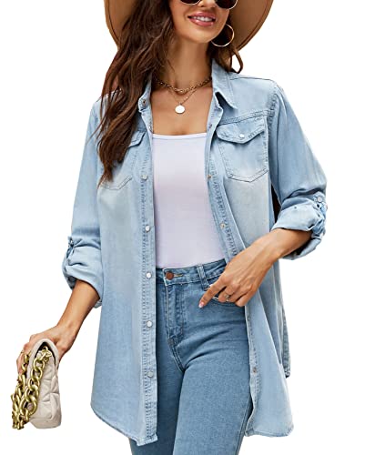 Kedera Klassische Damenbluse mit langen Ärmeln, mit Knopfleiste, Denim, Druckknopf-Oberteil, Blau, Klein Kedera Klassische Damenbluse mit langen Ärmeln, mit Knopfleiste, Denim, Druckknopf-Oberteil, Blau, Klein von Kedera