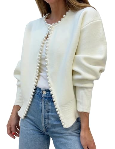 Kedera Lässiger Damen-Cardigan, elegant, langärmelig, übergroßer Pullover, Strickpullover mit Perlen, Weiß, Weiss/opulenter Garten Kedera Lässiger Damen-Cardigan, elegant, langärmelig, übergroßer Pullover, Strickpullover mit Perlen, Weiß, Weiss/opulenter Garten von Kedera