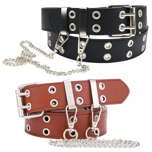 KedidO Gürtel Damen Punk PU Leder Kettengürtel für Damen 2 Stück Doppelloch Nietengürtel 3.3 cm breit für Oder Gothic-Outfits (Schwarz und braun) von KedidO