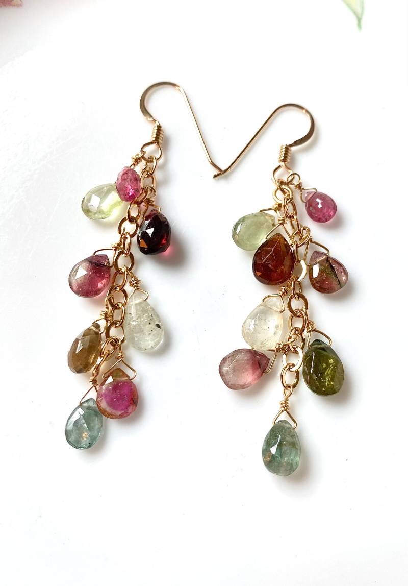 Wassermelonen-Turmalin Kaskaden Gold Ohrringe von KeeDesigns