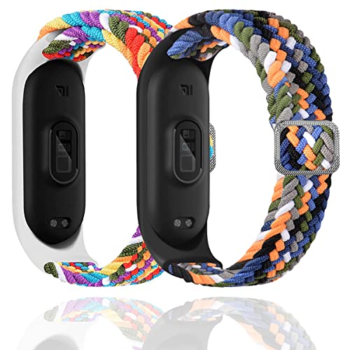 Keecuty 2 Stück Nylon Armband für Mi Band 6/5 / 4/3 Armband Elastisches Stoff Geflochten Weichem Nylon Sport Armbänder Elastizität Atmungsaktive Erweiterbar Uhrenarmband für Mi Band 6/5/4/3-2A von Keecuty