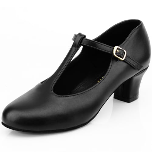 Keemi T-Riemen-Charakter-Schuhe, Tanzschuhe für Damen, rutschfest, lateinamerikanische Tanzabsätze, 1920, Schuhe für Salsa, Tango, Flamenco, 5,8 cm, Schwarz, 40 EU von Keemi