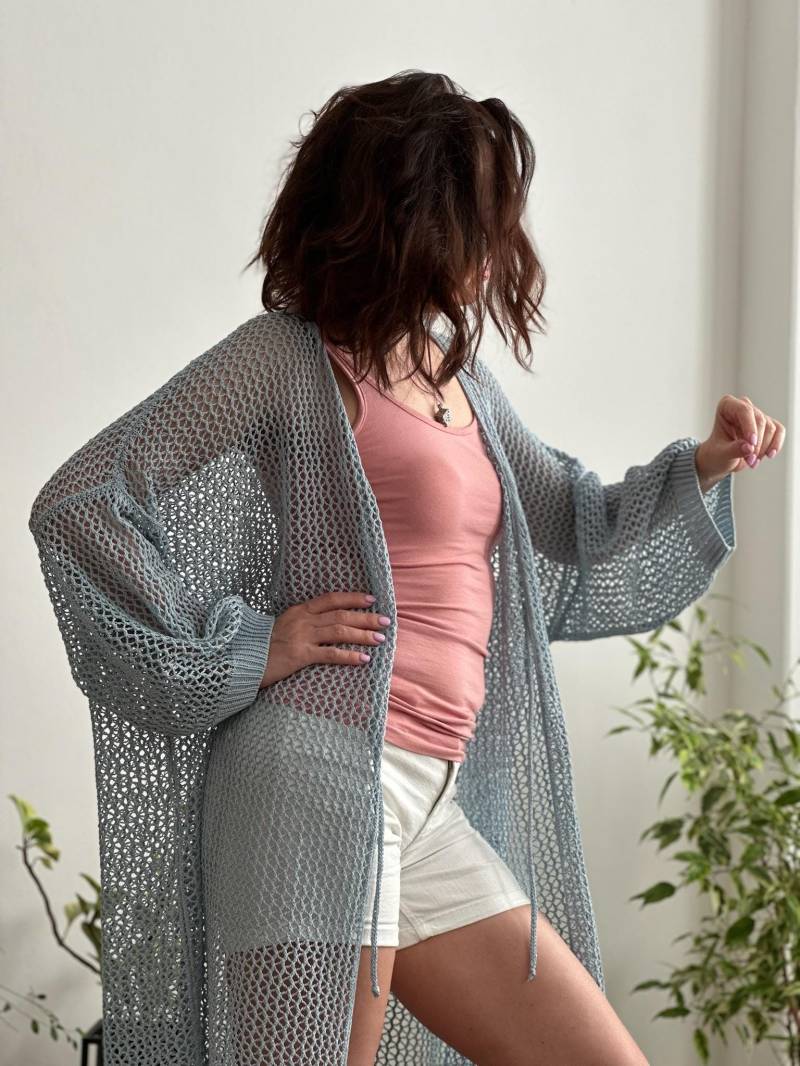 Seiden-Baumwoll-strickjacke Leichte Boho-strandvertuschung Seiden-Baumwoll-strickjacke Leichte Boho-strandvertuschung von KeenKnitwear