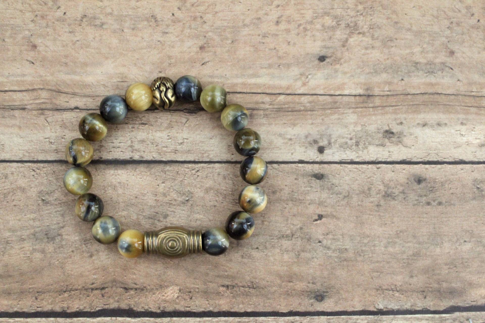 Gelb & Blau Tigerauge Armband Mit Bronze Akzenten Unisex von KeenaraShawn