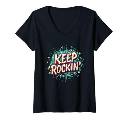Damen Nice Keep Rockin' Speech für einen rockigen und lässigen Look T-Shirt mit V-Ausschnitt von Keep Rockin' Outfit