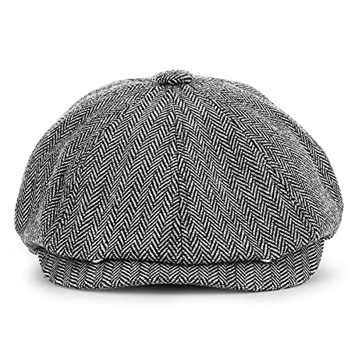 KeepSa Newsboy Stil Tellermütze Schirmmütze Herren Damen - 8 Panel Peaky Fischgräten Tweed Retro Schiebermütze Schlägermütze Gatsby Cap - 56cm, Hellgrau von KeepSa