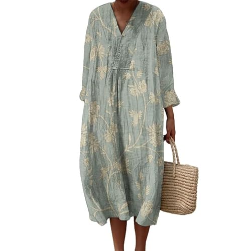 KeephenEU Damen Casual Herbst Bohemian Maxi Kleid V-Ausschnitt Vintage Kunst Blumen 3D Druck Mode Streifen Langes Strandkleid von KeephenEU