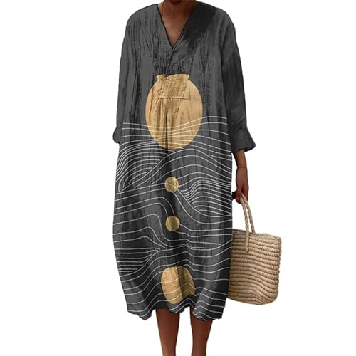 KeephenEU Damen Casual Herbst Bohemian Maxi Kleid V-Ausschnitt Vintage Kunst Blumen 3D Druck Mode Streifen Langes Strandkleid von KeephenEU