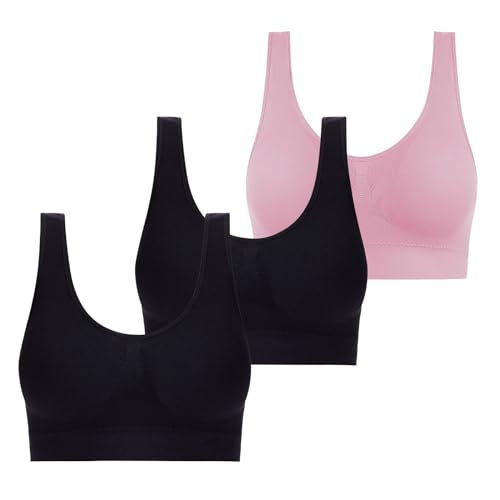 Keepink BHs in Übergröße, 3 Stück, ohne Bügel, für Yoga, Sport, nahtlos, bauchfreies Top, Komfort-T-Shirt-BH, weiche Schlaf-BHs für große Brüste, Damen-BHs für den Alltag, Multipack, 4 x Pink, von Keepink