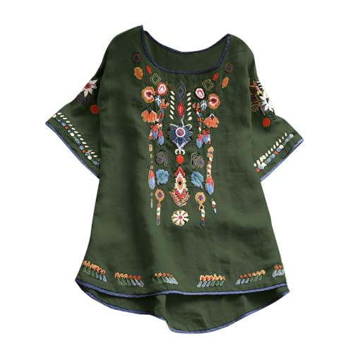Keepink Besticktes mexikanisches Oberteil für Damen - Bauernbluse - Mexikanisches Sommerhemd aus Baumwolle und Leinen mit kurzen Ärmeln - lange Tunika im Bohemian-Stil - lässiges T-Shirt - 36-46, 2 x von Keepink