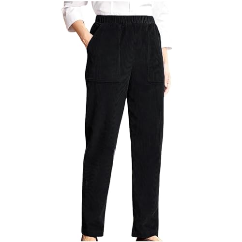 Keepink Cordhose für Damen, elastischer Bund mit Tasche, Freizeithose, entspannte Passform, volle Länge, dehnbar, leicht, gerades Bein, 052 Schwarz, XL Keepink Cordhose für Damen, elastischer Bund mit Tasche, Freizeithose, entspannte Passform, volle Länge, dehnbar, leicht, gerades Bein, 052 Schwarz, XL von Keepink