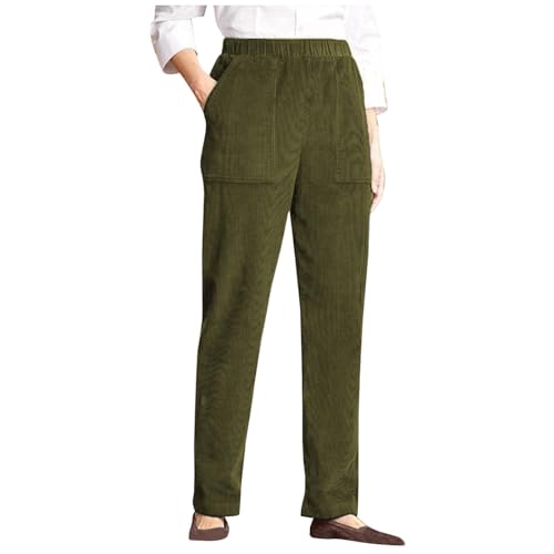 Keepink Cordhose für Damen, elastischer Bund mit Tasche, Freizeithose, entspannte Passform, volle Länge, dehnbar, leicht, gerades Bein, 053 Army Green, XL Keepink Cordhose für Damen, elastischer Bund mit Tasche, Freizeithose, entspannte Passform, volle Länge, dehnbar, leicht, gerades Bein, 053 Army Green, XL von Keepink