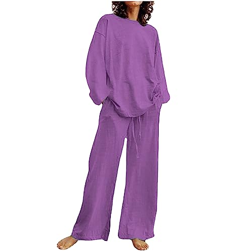 Keepink Damen Hosenanzüge Zweiteiliges Set Rundhals Outfits Kurzarm Solide Tops und Hohe Elastische Taille Weites Bein Hosen Baumwolle Leinen Übergröße Sommer Tägliche Sets, 0131 Purple, 48 von Keepink