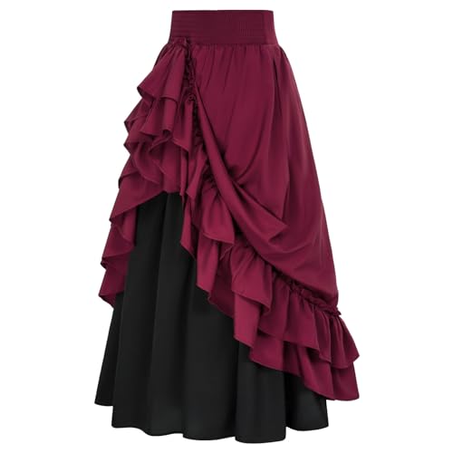 Keepink Damen Röcke Übergröße 36-46 Elastische Hohe Taille Maxi-Röcke Rüschen A-Linie Lange Röcke Solide Retro Renaissance Rock Bequem Lagenrock Elegant Swing Rock für Patry Ausgehen, 2 x Rot, 42 von Keepink