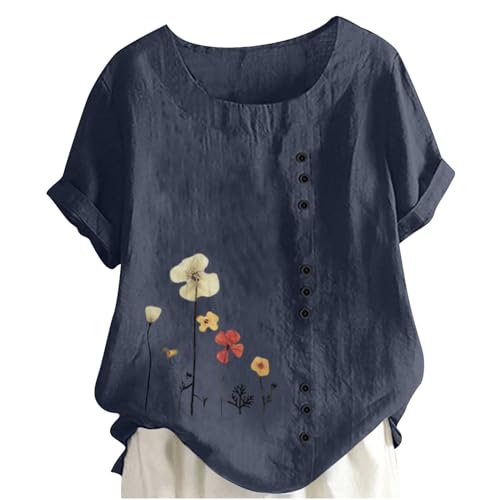 Keepink Damen Sommer Tops 2024 Lose Casual Blusen Baumwolle Leinen Shirts Boho Bestickt Top Kurzarm Knopf T-Shirt Vintage Tunika Pullover Elegante T-Shirts Große Größe 14-28, 04 x Marineblau, 42 von Keepink