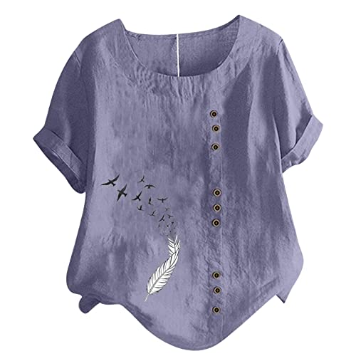Keepink Damen Sommer Tops 2024 Lose Casual Blusen Baumwolle Leinen Shirts Boho Bestickt Top Kurzarm Knopf T-Shirt Vintage Tunika Pullover Elegante T-Shirts Große Größe 14-28, 07 x Violett, 48 von Keepink