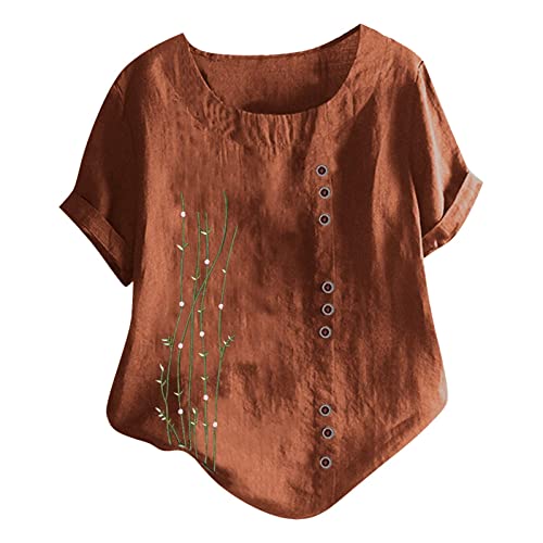 Keepink Damen Sommer Tops 2024 Lose Casual Blusen Baumwolle Leinen Shirts Boho Bestickt Top Kurzarm Knopf T-Shirt Vintage Tunika Pullover Elegante T-Shirts Große Größe 14-28, 08 x Braun, 46 von Keepink