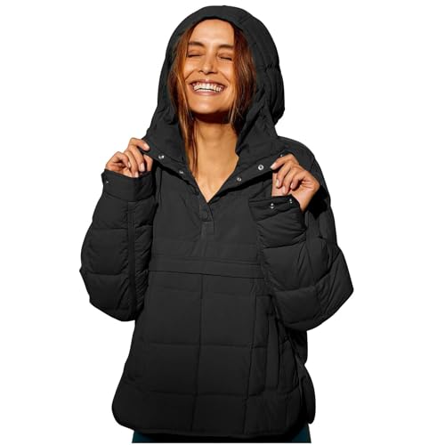 Keepink Damen Stepppullover Puffer Jacke Packbar Kapuze Oversize Wintermantel Tops Damen Oversized Leicht Winter Warm Pullover Gepolstert Hoodies Mantel mit Taschen, 038 Schwarz, XXL von Keepink