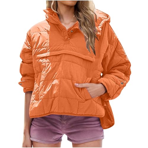 Keepink Damen Stepppullover Puffer Jacke Packbar Kapuze Oversize Wintermantel Tops Damen Oversized Leicht Winter Warm Pullover Gepolstert Hoodies Mantel mit Taschen, 040 Orange, L von Keepink