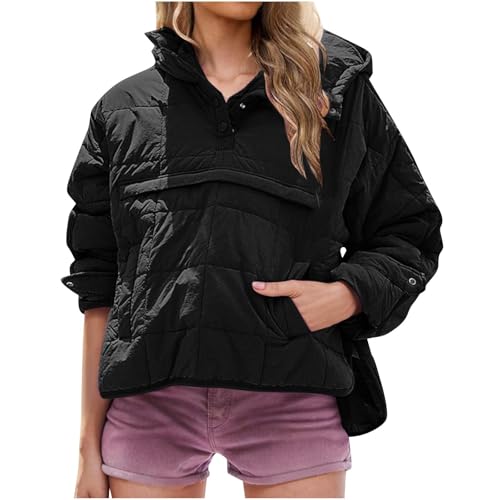 Keepink Damen Stepppullover Puffer Jacke Packbar Kapuze Oversize Wintermantel Tops Damen Oversized Leicht Winter Warm Pullover Gepolstert Hoodies Mantel mit Taschen, 040 Schwarz, L von Keepink