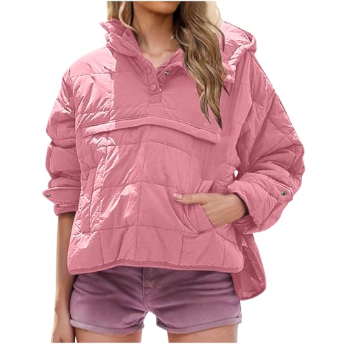 Keepink Damen Stepppullover Puffer Jacke Packbar Kapuze Oversize Wintermantel Tops Damen Oversized Leicht Winter Warm Pullover Gepolstert Hoodies Mantel mit Taschen, 041 Pink, L von Keepink