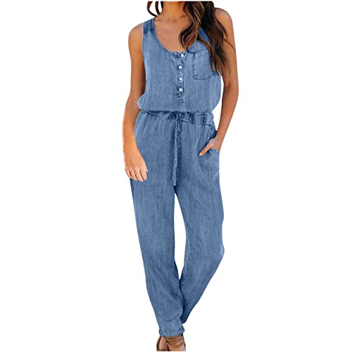 Keepink Denim-Latzhose für Damen, modisch, ärmellos, Jeans, Overall, Baggy, einfarbig, langer Strampler, lässiger Strampler mit Knopfleiste, einteiliger Spielanzug, 053 Hellblau, 46 von Keepink