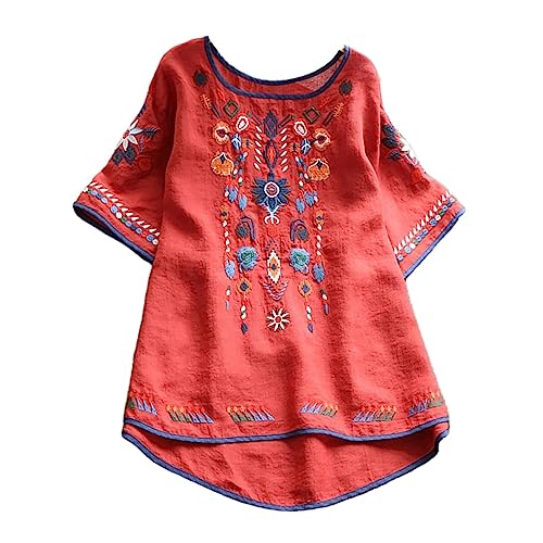 Keepink Going Out Tops Besticktes mexikanisches Oberteil für Frauen Bauernbluse Mexiko Sommerhemd Baumwolle Leinen Kurzarm T-Shirts Boho Lange Tunika Shirts Casual T Shirt 8-18 Clearance, 1 x Rot, 42 von Keepink
