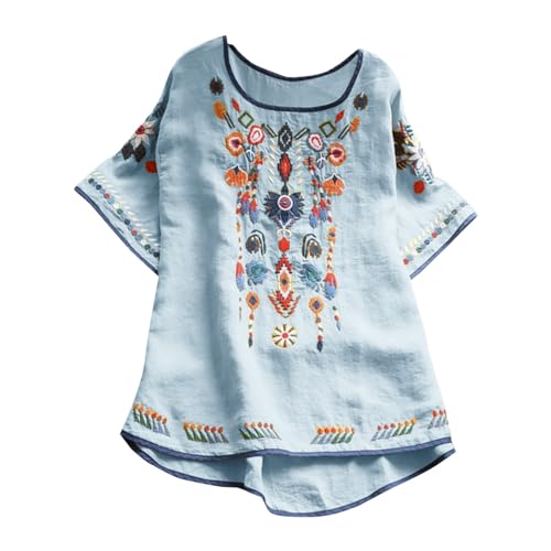 Keepink Going Out Tops Besticktes mexikanisches Oberteil für Frauen Bauernbluse Mexiko Sommerhemd Baumwolle Leinen Kurzarm T-Shirts Boho Lange Tunika Shirts Casual T Shirt 8-18 Clearance, 2 x von Keepink