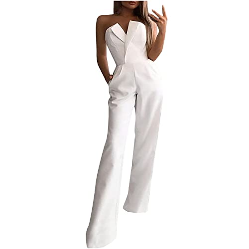 Keepink Jumpsuit für Damen, dehnbar, leicht, ärmellos, trägerlos, V-Ausschnitt, weites Bein, fließender Strampler, Sommer-Overall, Urlaub, Party, Club, Hochzeit, 021 Weiß, 46 Keepink Jumpsuit für Damen, dehnbar, leicht, ärmellos, trägerlos, V-Ausschnitt, weites Bein, fließender Strampler, Sommer-Overall, Urlaub, Party, Club, Hochzeit, 021 Weiß, 46 von Keepink
