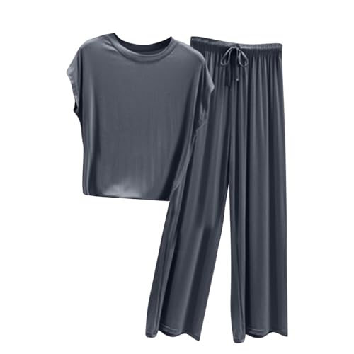 Keepink Zweiteiliges Set für Damen, ärmelloses Oberteil und weite Hose, lässig, elegant, Outwear-Outfit, weiches und bequemes Modal-Trainingsanzug-Set, Pyjama-Set, 2 x Dunkelgrau, 38 von Keepink