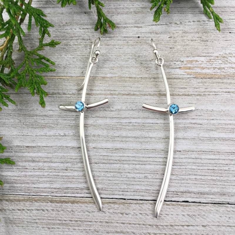 Kreuz Ohrringe Blautopas Edelstein Sterling Silber/Große Baumeln Lang Einfach Modern Dünn von KeepsakeJewel