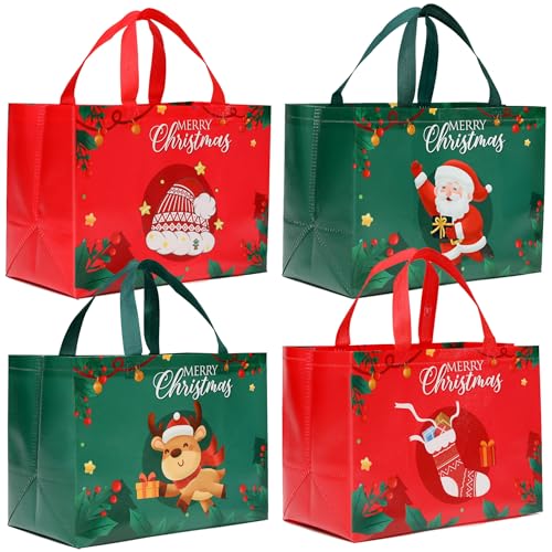 KeerxunBag 12 große, wiederverwendbare Weihnachts-Geschenktüten mit Griffen, Vlies-Tragetaschen für Weihnachten, Party, Gastgeschenke, Urlaubsgeschenke (32,8 x 24,8 x 17,9 cm) von KeerxunBag