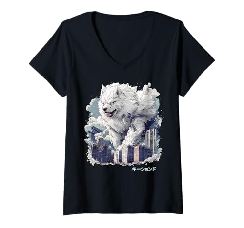 Damen Lustiger Keeshond Hund Kaiju Monster Japanisch T-Shirt mit V-Ausschnitt Damen Lustiger Keeshond Hund Kaiju Monster Japanisch T-Shirt mit V-Ausschnitt von Keeshond Dog Kaiju Monster Clothing