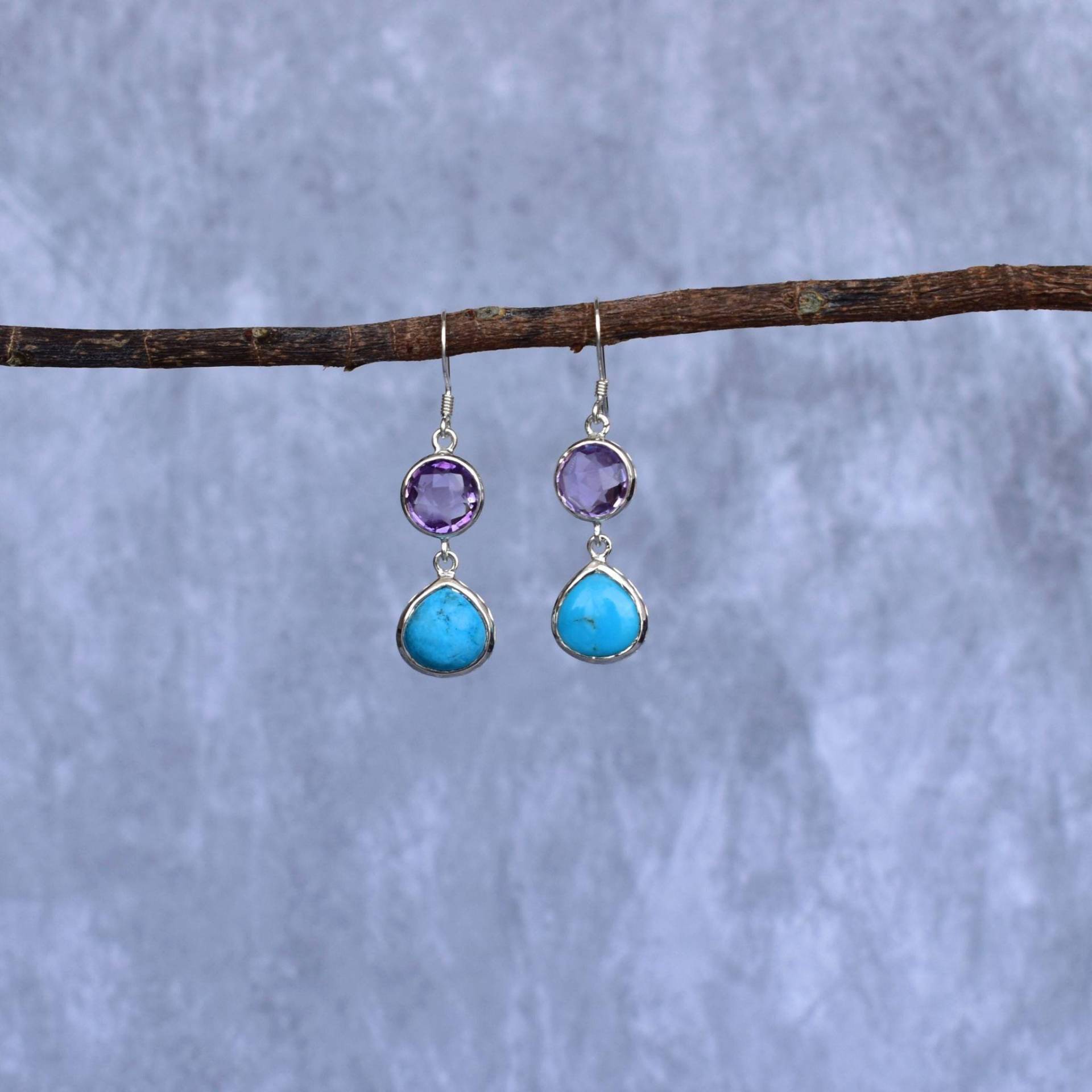 Echte Amethyst - Und Türkisohrringe, Handgefertigte Cocktailohrringe Aus Sterlingsilber, Zwei Heilende Kristallschmuck Für Frauen, Einzigartige von KeetaLuxury