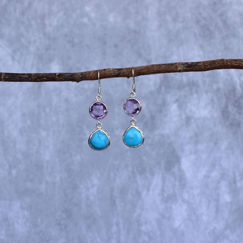 Echte Amethyst - Und Türkisohrringe, Handgefertigte Cocktailohrringe Aus Sterlingsilber, Zwei Heilende Kristallschmuck Für Frauen, Einzigartige von KeetaLuxury