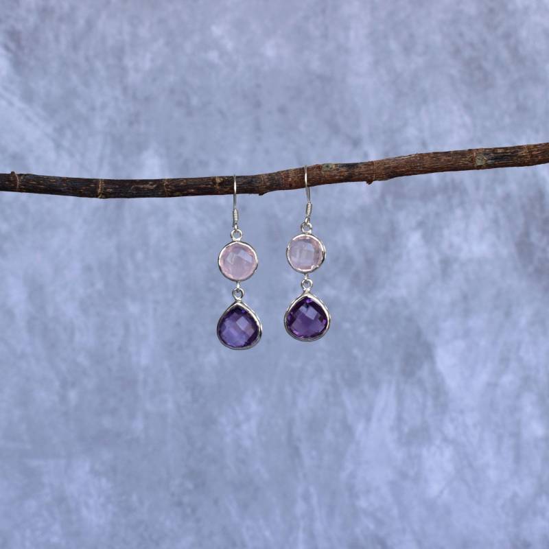 Echte Amethyst & Rosenquarz Ohrringe, Sterling Silber Cocktail Handgemachter Schmuck, Zwei Heilende Kristalle Schmuck Für Frauen, Einzigartige von KeetaLuxury