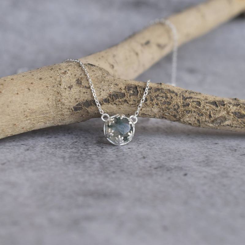 Echte Grüne Moos Achat Halskette, Runder Anhänger, Anhänger Für Frauen, Sterling Silber Braut Moissanite von KeetaLuxury