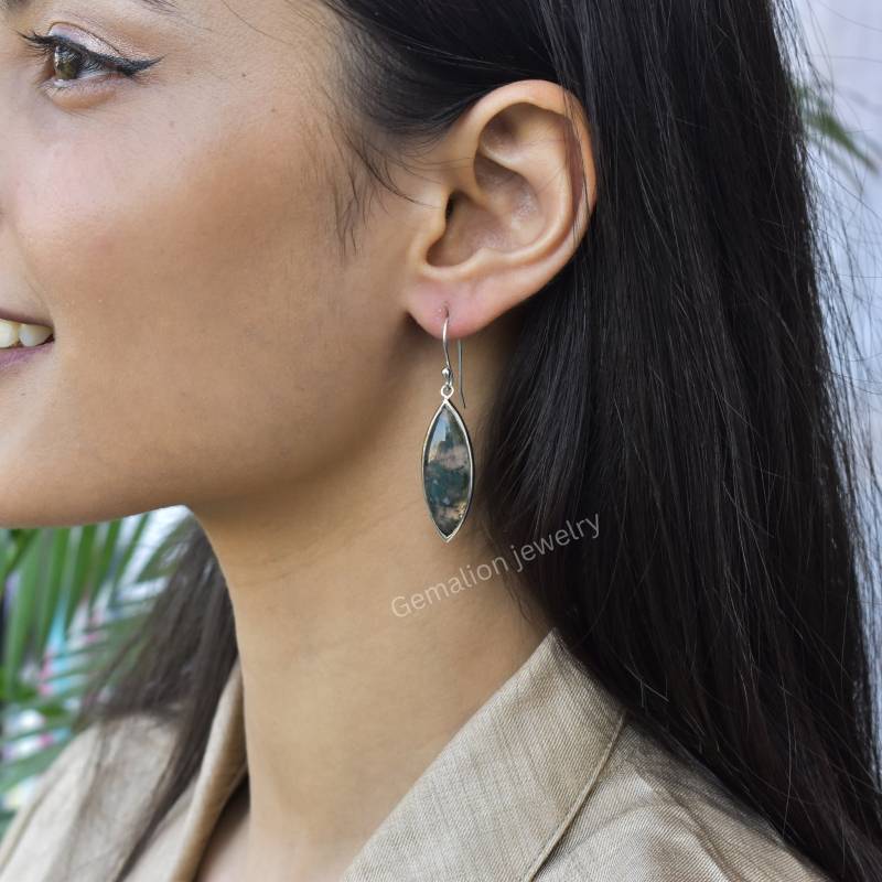 Echte Moosachat Ohrringe Lange Kristall Achat Schmuck Handgemachte Sterling Silber Brautjungfer Geschenk Für Sie von KeetaLuxury