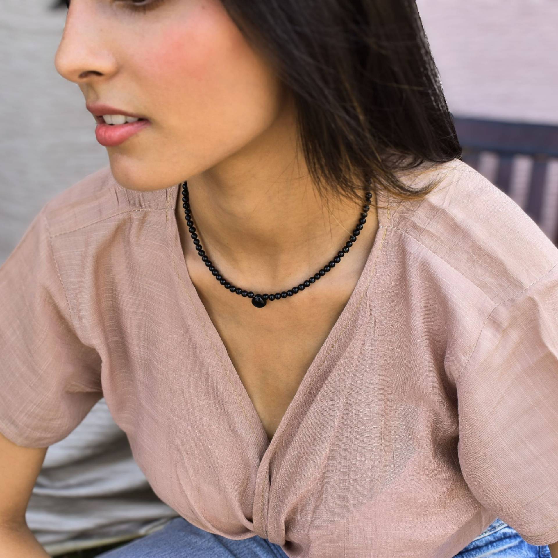 Echte Schwarze Onyx Perlenkette 925 Sterling Silber Vergoldeter von KeetaLuxury