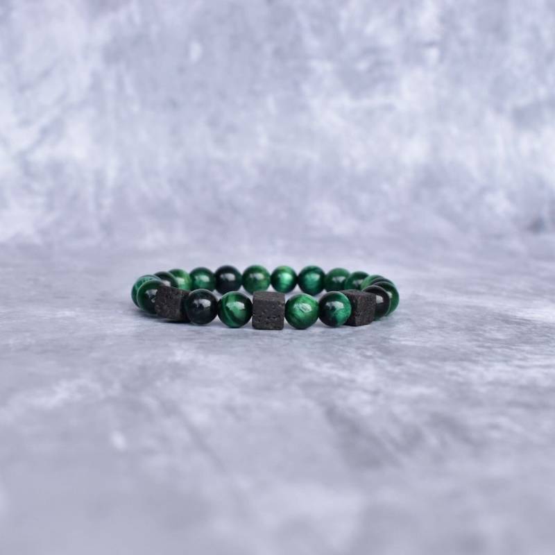 Echtes Grünes Tigerauge Und Lava Würfel Perlen Armband Dehnbar Handgefertigtes Diffuser Für Männer Mode Geschenk Ihn von KeetaLuxury