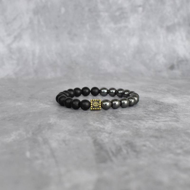 Echtes Schwarzes Onyx Und Hämatit Perlenarmband Evil Eye Charm Dehnbares Armband Perlen Schmück Einzigartige Geschenkideen von KeetaLuxury