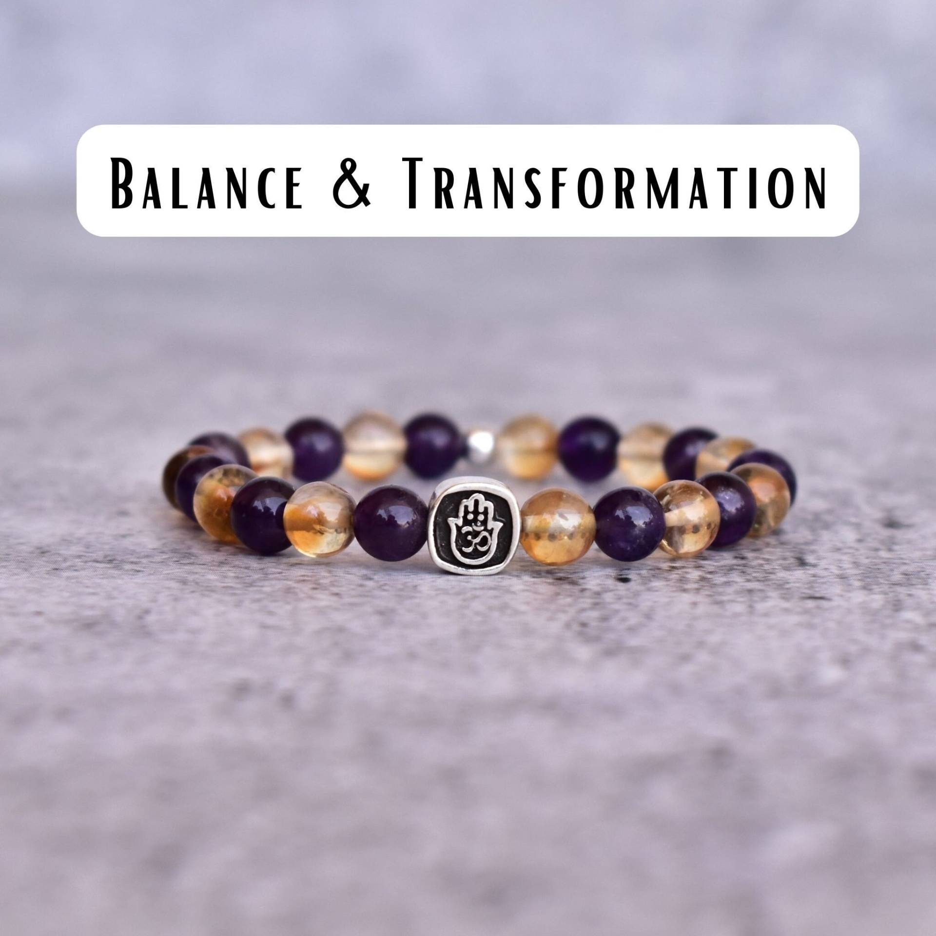 Natürliche Citrin Und Amethyst Perlen Armband Handgemachtes Dehnbares Armband Für Frauen Heilendes Hamsa Hand Om Bettelarmband Geschenke von KeetaLuxury