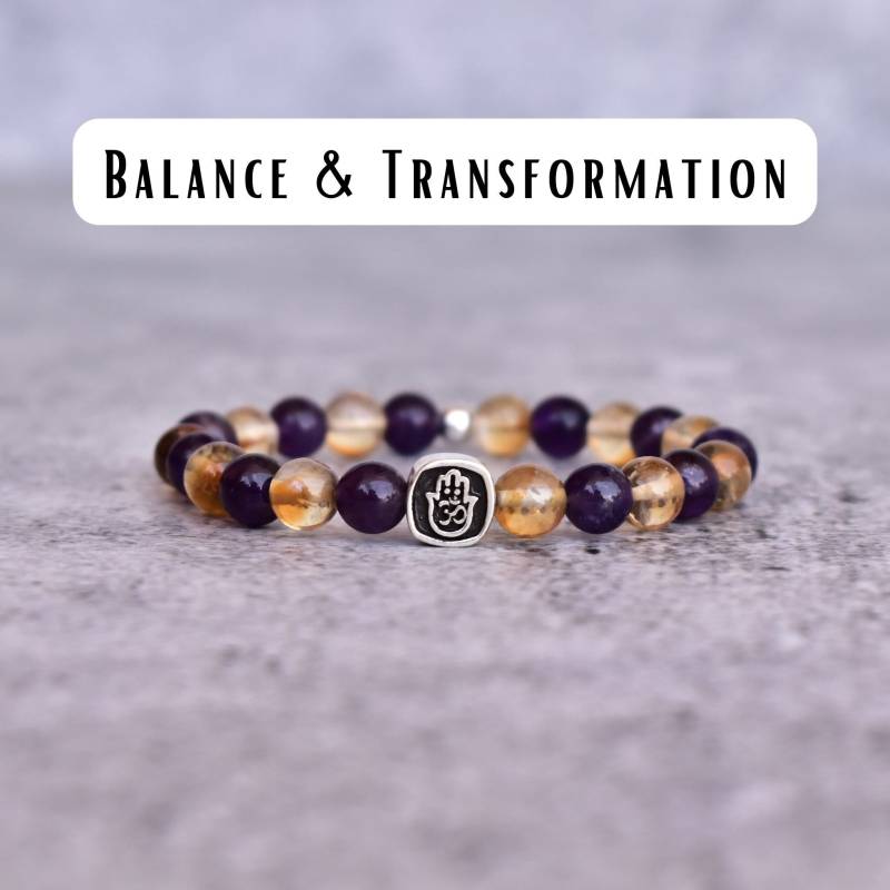 Natürliche Citrin Und Amethyst Perlen Armband Handgemachtes Dehnbares Armband Für Frauen Heilendes Hamsa Hand Om Bettelarmband Geschenke von KeetaLuxury
