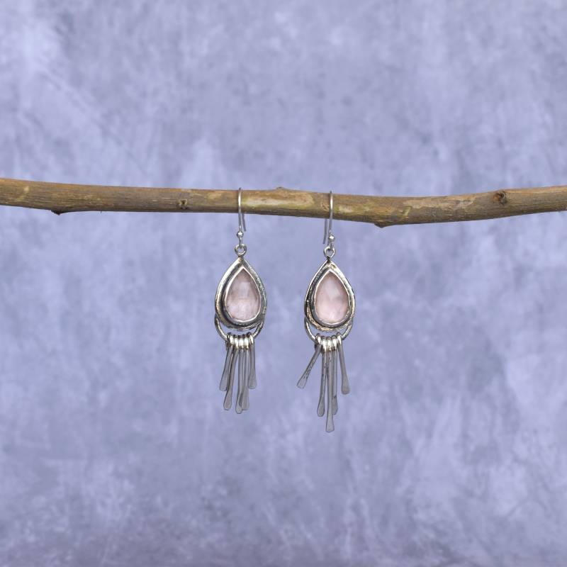 Natürliche Rosenquarz Ohrringe Rose Cut Sterling Silber Handgemachte Teardrop Rosa Quarz Schmuck Heilstein Einzigartige Geschenke von KeetaLuxury