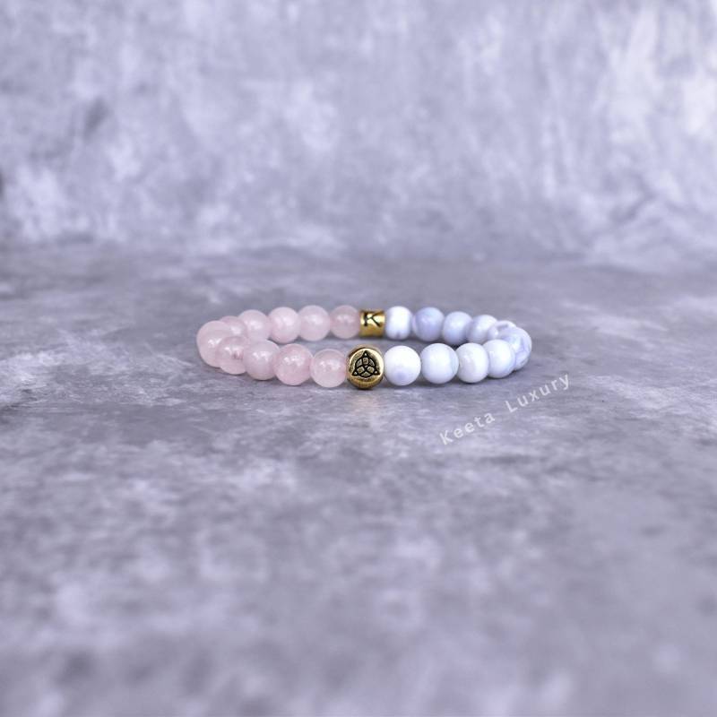 Natürliche Rosenquarz & Blauer Spitze Achat Perlen Armbänder, Dreifaltigkeits-Knoten Schutz Charme Armband, Handgemachte Dehnbare Einzigartige von KeetaLuxury