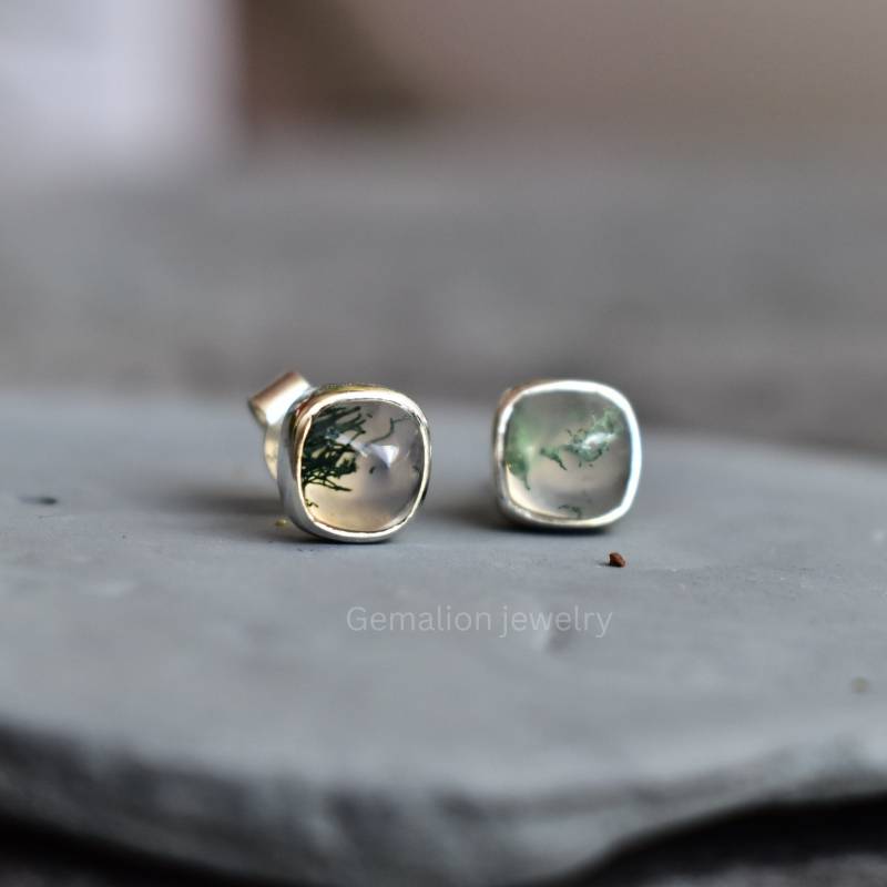 Natürlicher Grüner Moosachat Ohrstecker Heilstein Zuckerhut Moos Achat Für Frauen Sterling Silber von KeetaLuxury